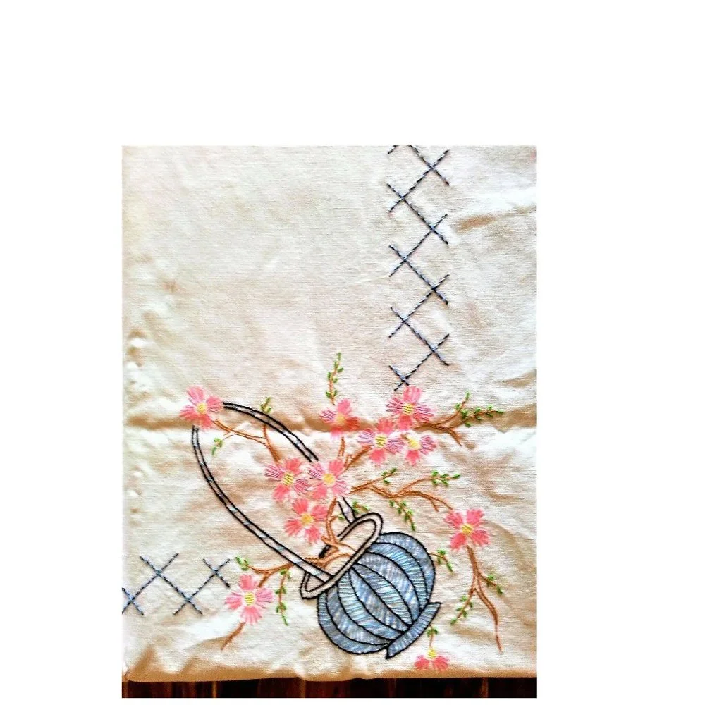 Vintage Embroidered Flowers in Basket Floral Tablecloth 53